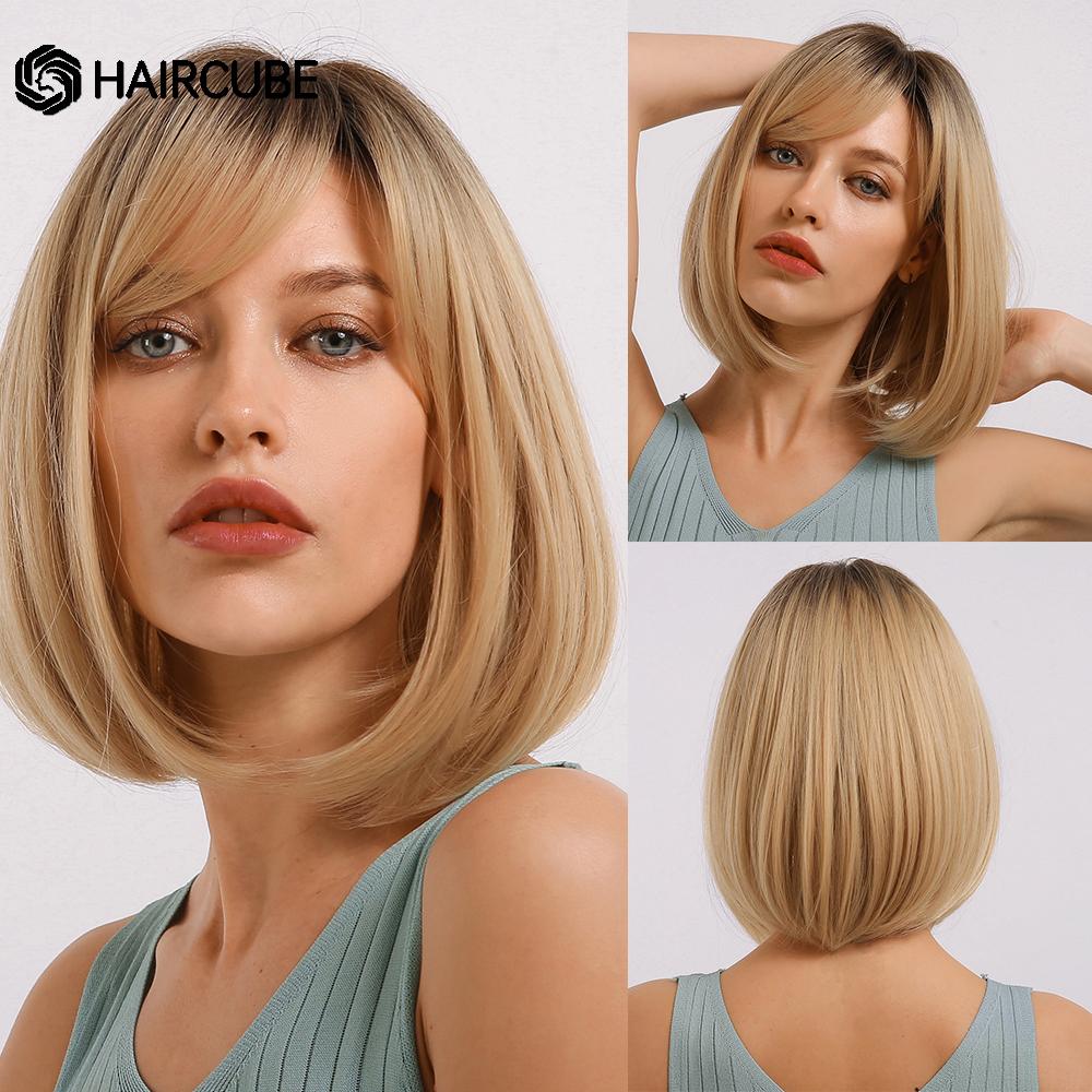 Medium Length Ombre Brown To Blonde Straight Hair Wigs with Bangs Synthetic Wigs for Women Cosplay Heat Resistant Natural Wigs