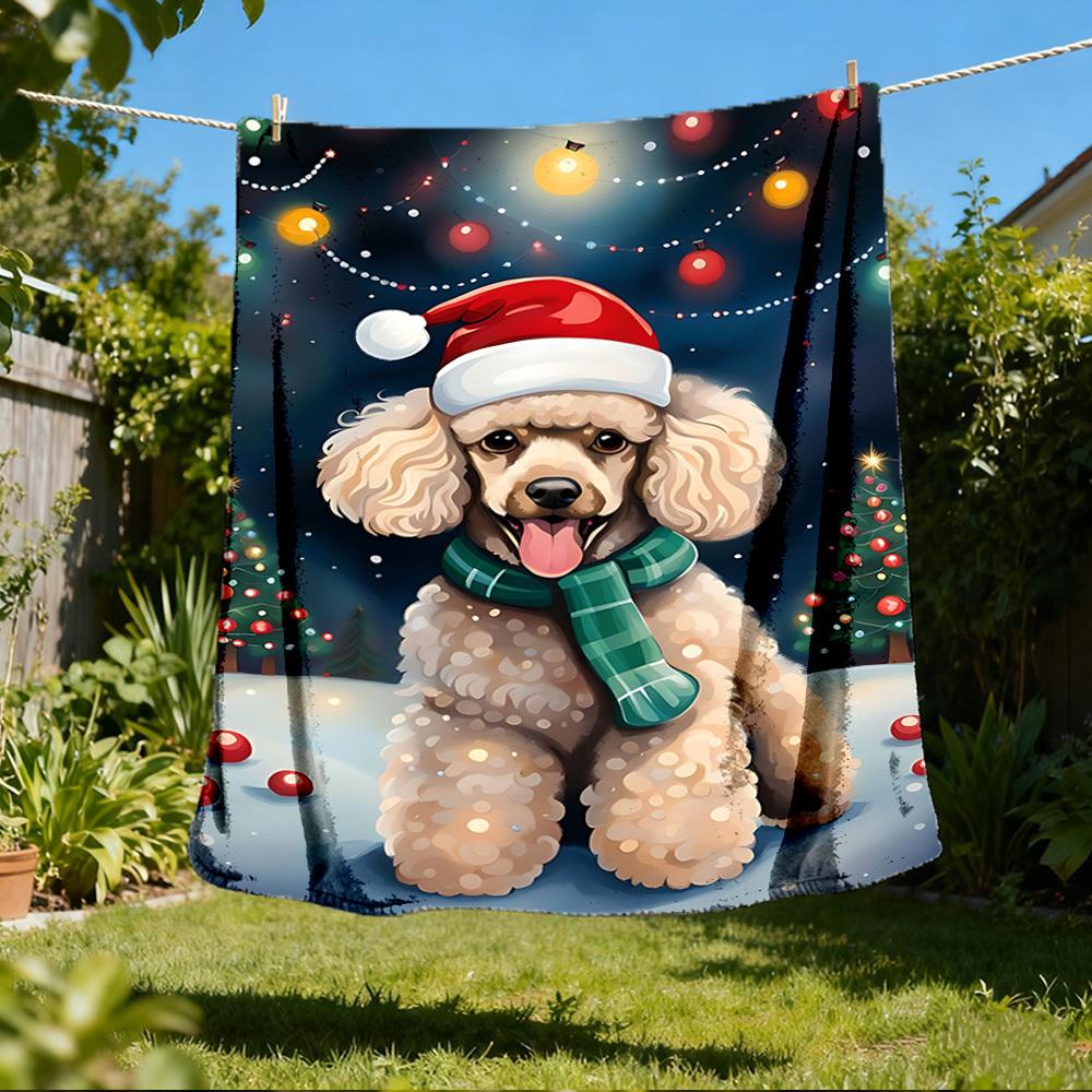 1pc Christmas Poodle Outdoor Flannel Blanket , Machine Washable Perfect Gift for Birthday , Holiday Travel Accessory , Durable Material