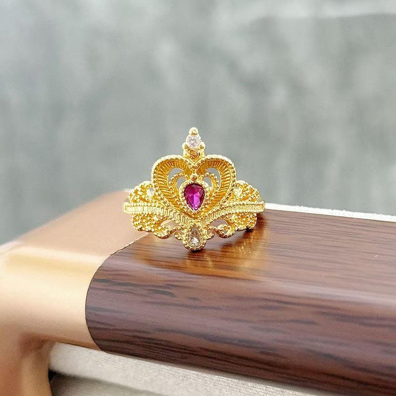 Anel Aberto de Contas de Coroa de Luxo Leve Vintage Medieval Zircônia Requintada Estilo Corte Retrô Francês Anel de Dedo Indicador