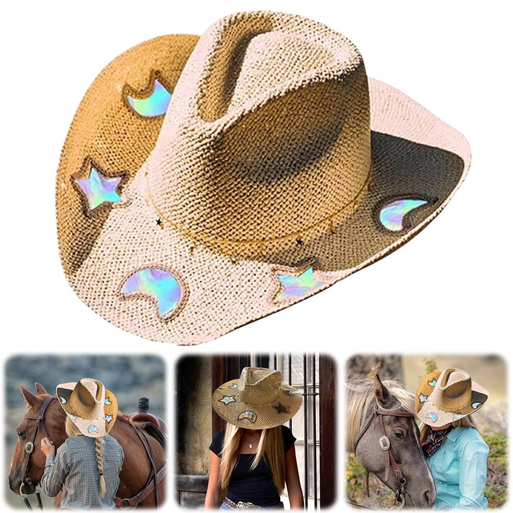 Straw Cowgirl Hat for Women Girls Beach Sun Hat Vintage Summer Woven Sun Hat for Music Festival Party Beach