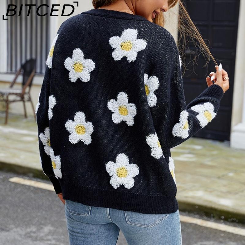 BITCED Damen 3D Floral V-Ausschnitt Strick-Cardigan Herbst/Winter Lässige Strickjacke mit entspannter Passform