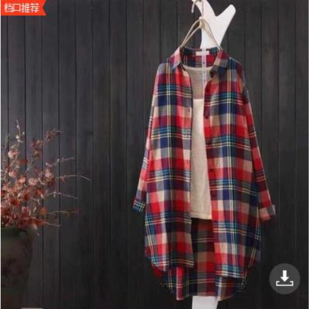 Women's Point Collar Long Sleeve Plaid Blouse Loose Fit Casual Cotton Tunic Shirt Outerwear