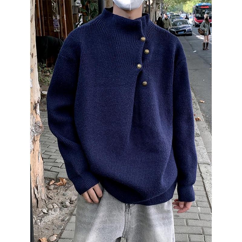 Men's Sophisticated Half-High Neck Button-Up Heavyweight Winter Sweater