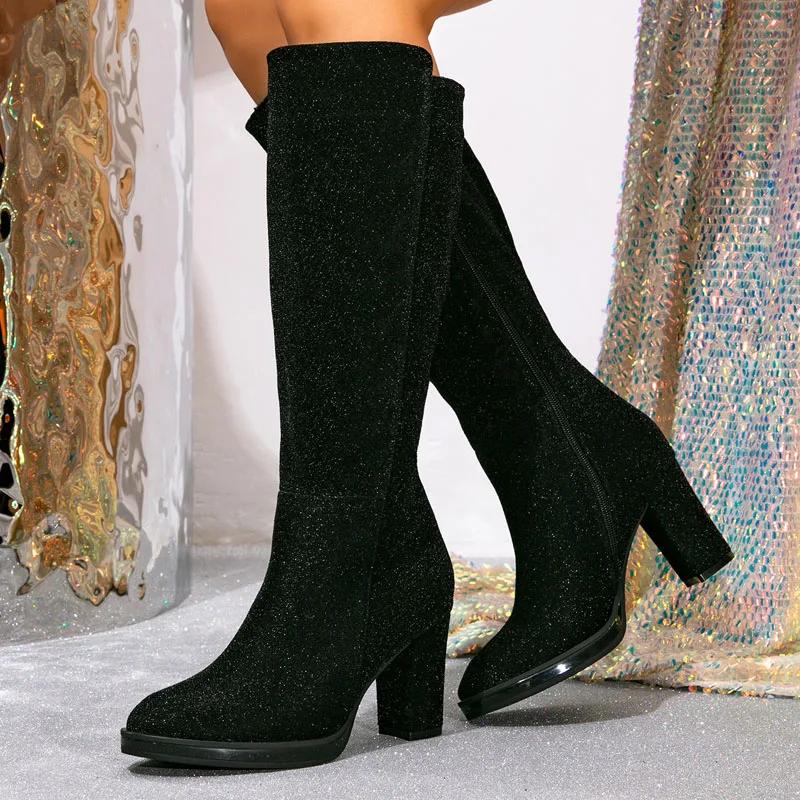 

Eilyken New Winter Bling Sequin Cloth Knee High Boots Women Fashion Zipper Square Heels Shoes Ladies Modern Botas Mujer 36