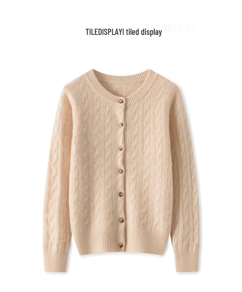 Women's French Style Cable Knit Cashmere Cardigan - Round Neck, Solid Color, Thick, Versatile, Loose Fit Sweater.