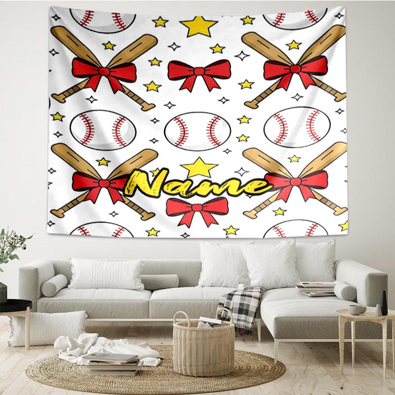 Custom Name Baseball Print Tapestry, Backdrop, Easy Setup, Ideal for Bedroom, Office & Living Room, with Aesthetic Wall Hanging Decor.