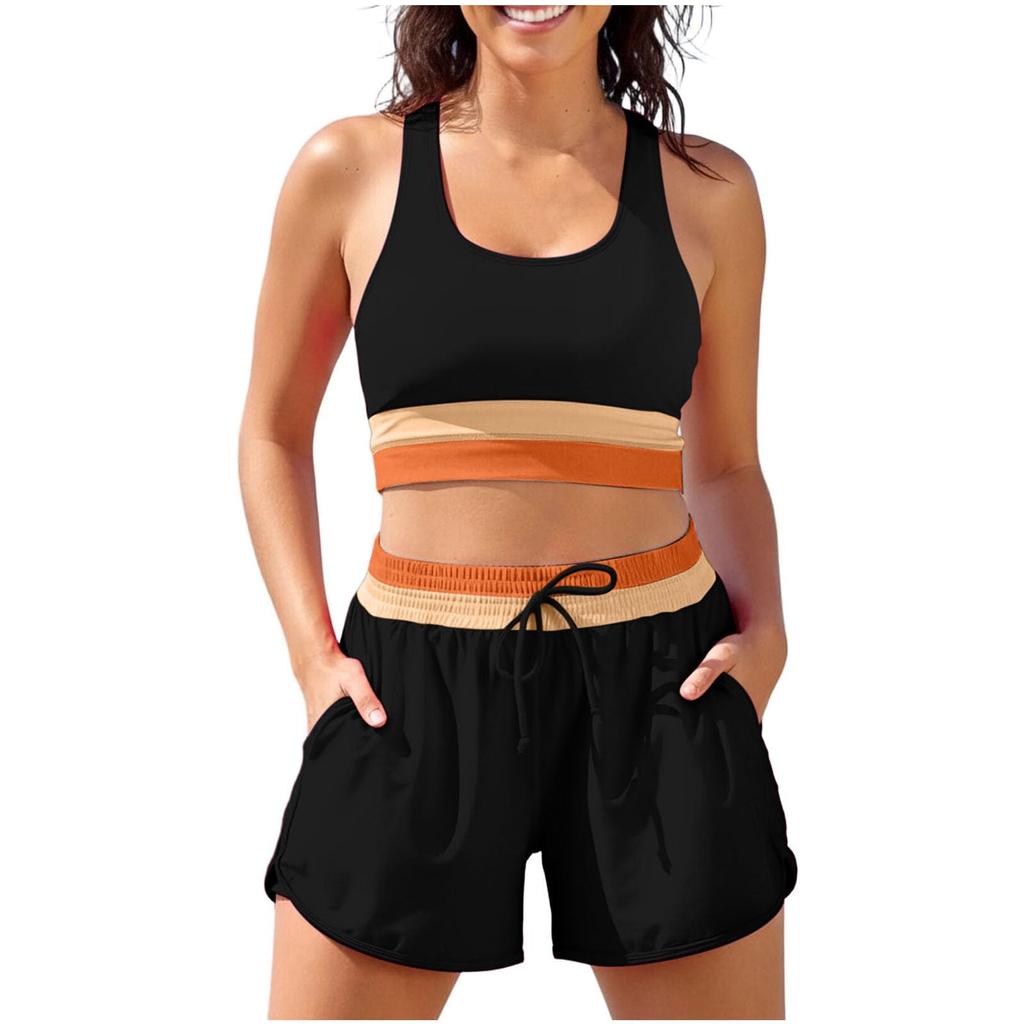 Damen Sport Zweiteiler Badeanzug mit herausnehmbarer Polsterung Trägerloses Oberteil und Kordelzug-Shorts für Sport und Schwimmen