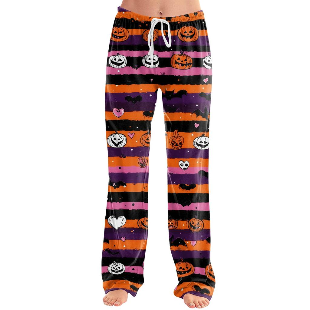 Women Drawstring Lounge Pants Halloween Print Casual Loose Fit Full Length Pajama Bottoms with Elastic Waistband and Relaxed Style