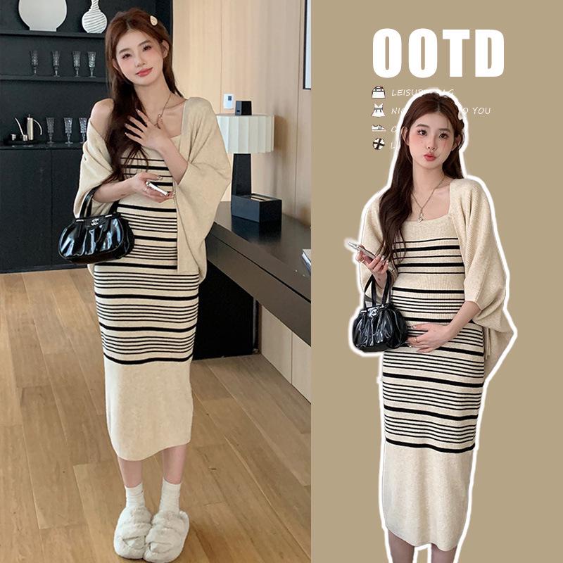 

Осенний полосатый вязаный кардиган и майка, комплект платья для беременных L