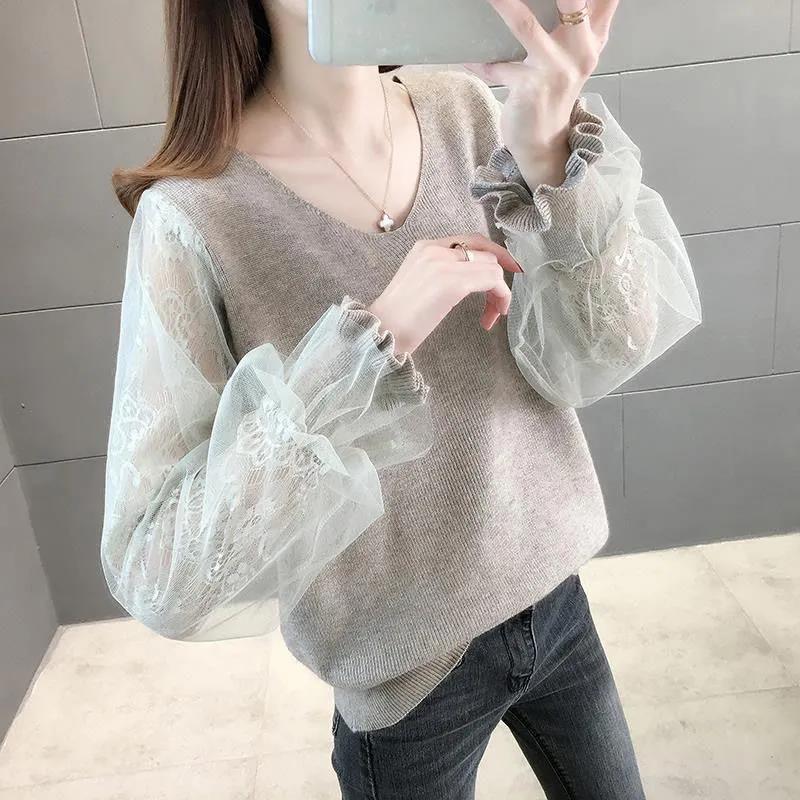 Tops for Women Cotton Shirts for Women Lace Sleeve V-Neck Base Layer Knit Top Long Sleeve Shirt Blouse Pullover Tops