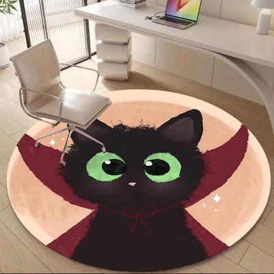 1PC Black Cat Office Round Area Rug, Mat Suitable ForOffice, Under Office Chairs Bedroom Living Room Home Decor, Room Deco