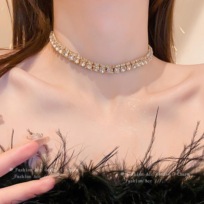 Diamond-Studded Square Stud Earrings & Necklace Set - High-End European & American Fashion Clavicle Chain