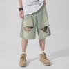 Men's Hong Kong-Style Ripped Denim Shorts - Trendy, Loose-Fit, Mid-Length, Youthful, and Stylish.