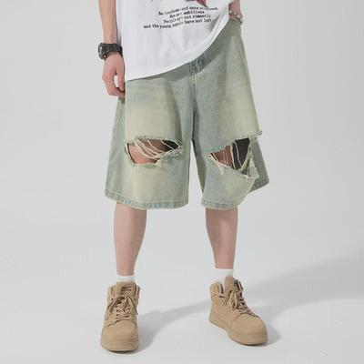 Men's Hong Kong-Style Ripped Denim Shorts - Trendy, Loose-Fit, Mid-Length, Youthful, and Stylish.