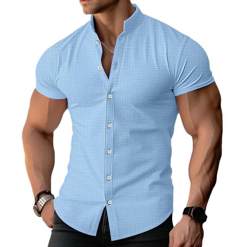 New Summer Cross-Border Men's Solid Color Short Sleeve Lapel Shirt for Teens - Cotton Linen