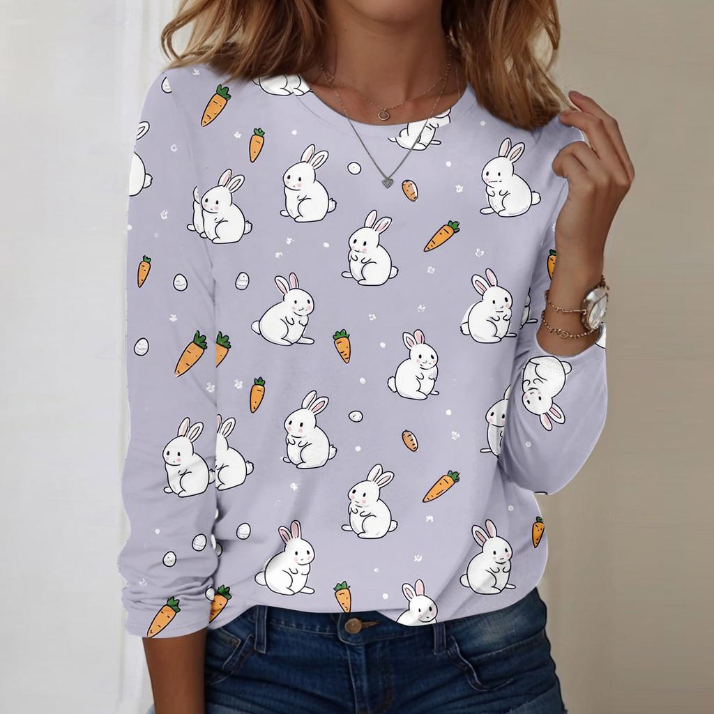 Top casual da donna a maniche lunghe con stampa pasquale e girocollo