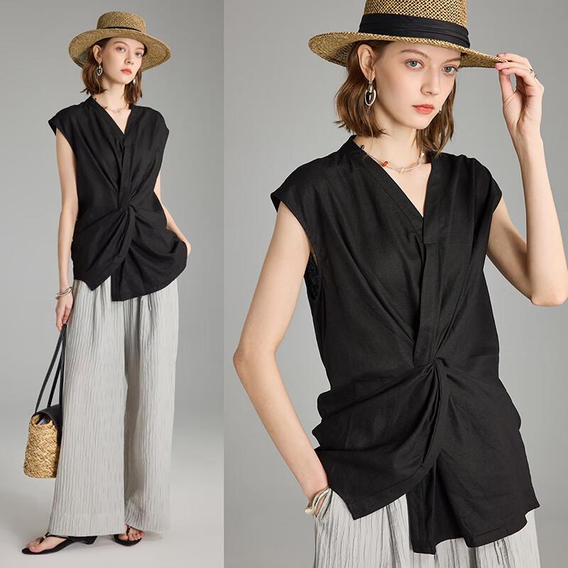 French Elegant V-Neck Linen Blend Twisted Design Shirt with Vest S