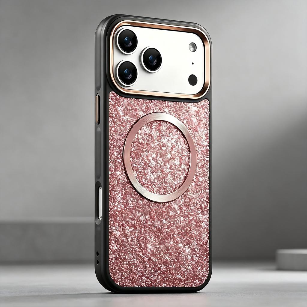 Case for Iphone 17 16 15 14 13 Pro Max Metal Lens Frame Glitter Protective Cover Wireless Charging Magnetic Anti-Fingerprint
