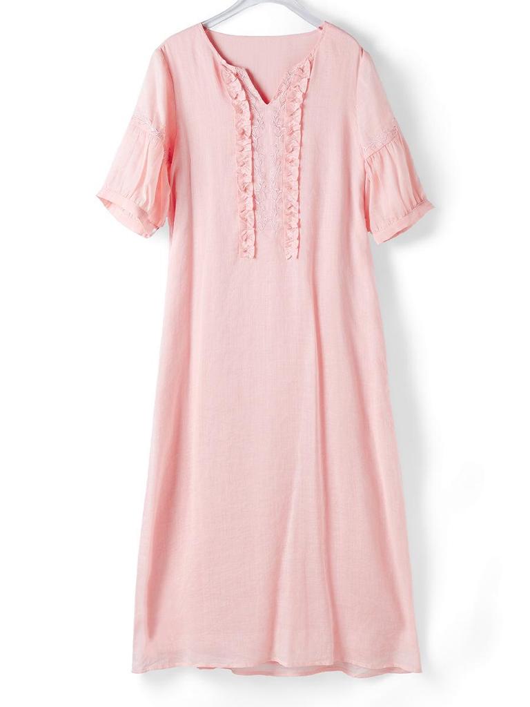 Women's Artistic Linen Dress, Summer 2026: Gentle Style, Age-Reducing, Ruffle Hem, Embroidered, Long Five-Point Sleeve.