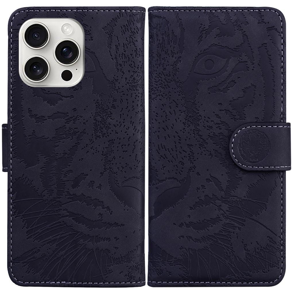For iPhone 16 Pro Case Tiger Imprint Leather Shockproof Wallet Phone Cover