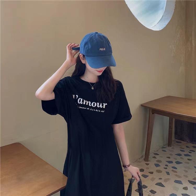 Plus Size Korean Summer Over-Knee Dress – Loose Fit, Belly-Covering, Short Sleeve, Long Length T-Shirt Dress for Women