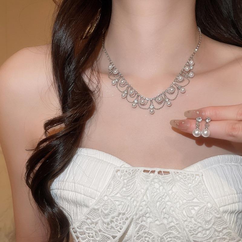 Lace pearl necklace stud earrings set light luxury retro celebrity elegant dinner dress temperament jewelry women