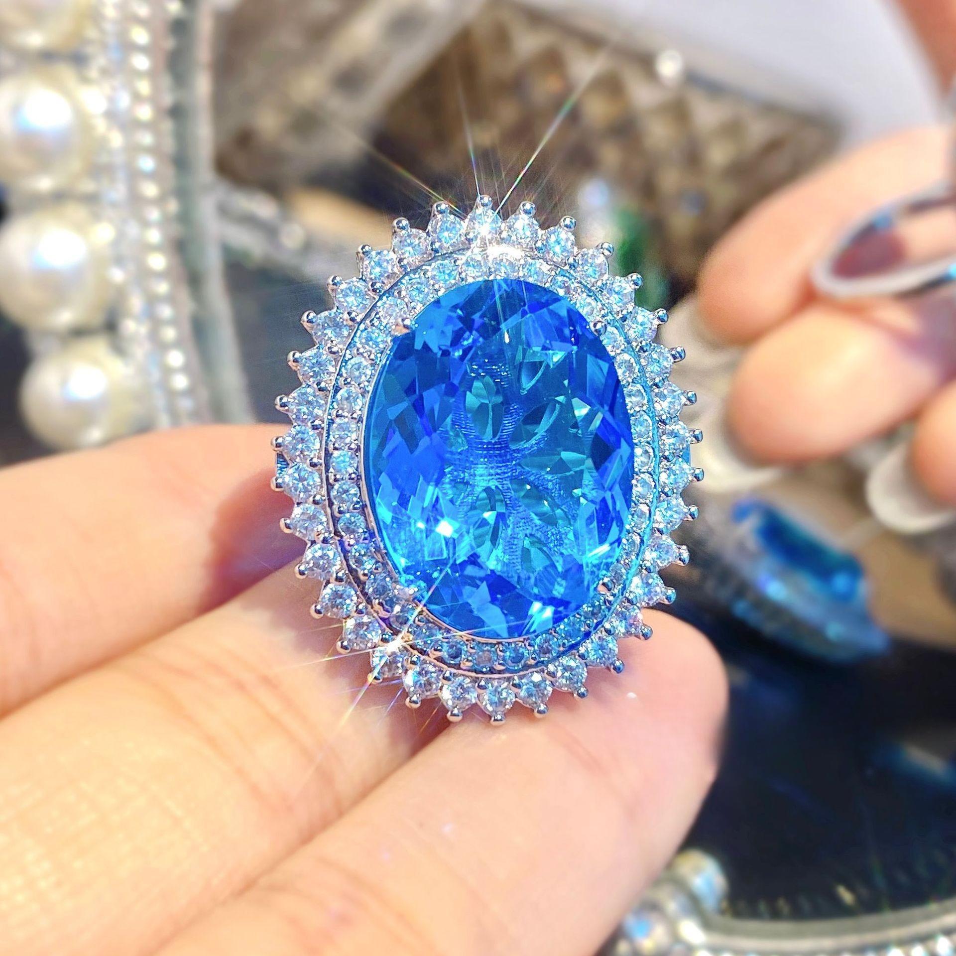 2026 Тяжелая промышленность Аквамариновое Голубиное Яйцо Большой Камень Ожерелье Кулон Цветное Сокровище Серьги Темперамент Циркон Яблочно-Зеленый Кольцо