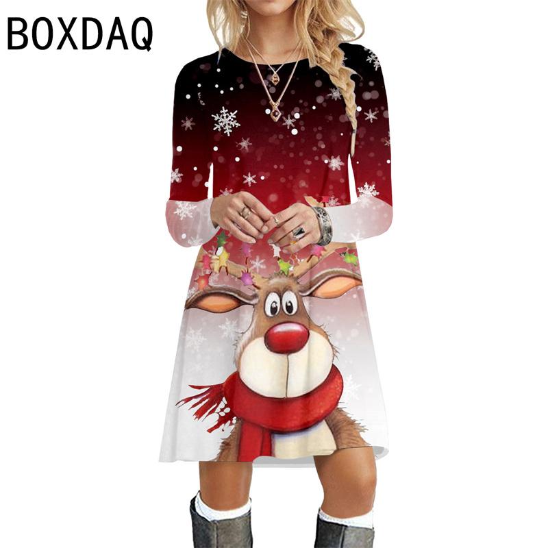 Ladies' Christmas Dress Long Sleeve O-Neck Big Size Casual Dress 3D Fun Cartoon Christmas Deer Pattern Gradient Print Dresses
