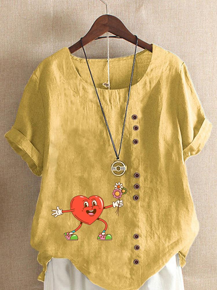 Women's Fashion Heart Shaped Floral Print Round Neck Short Sleeve T-shirt Summer Casual Cotton Linen Graphic Shirt Leisure Loose Blouse Tops