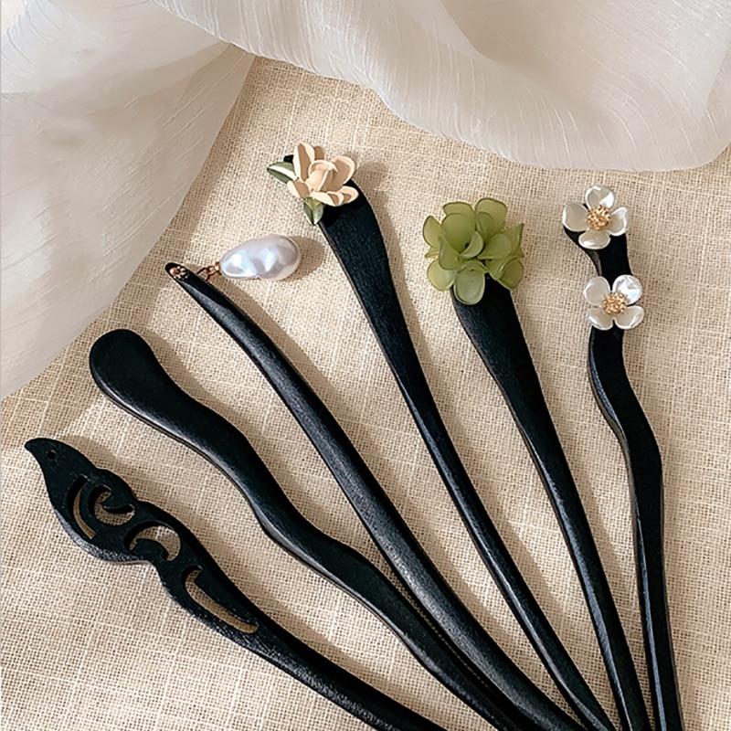 Antique Wood Hairpins Female New Chinese Simple Geometric Black Hair Sticks Hair Clips For Women Hair Accessories Pearl Headwear
