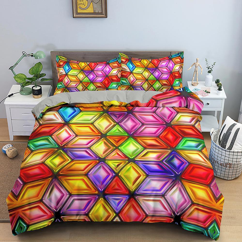 Geometric Duvet Cover Set Colourful 3D Design Polyester Comforter Cover Bedding Set King Queen Twin Full Size For Kids Teens Boy