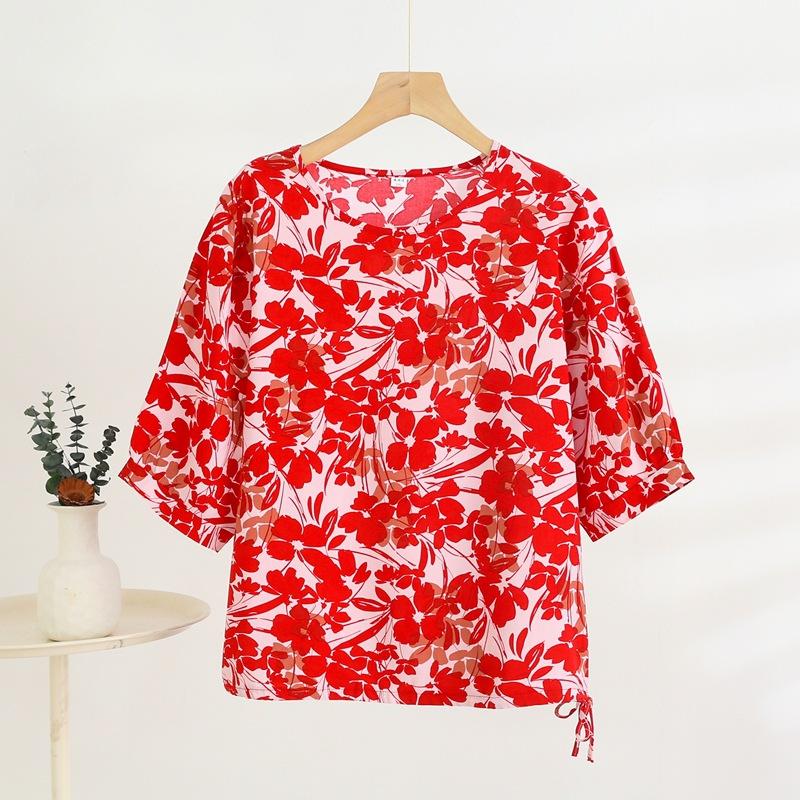 Mid-sleeved T-shirt, Sweet Floral Print, Stylish Drawstring Top, Summer Thin Plus-size Pullover