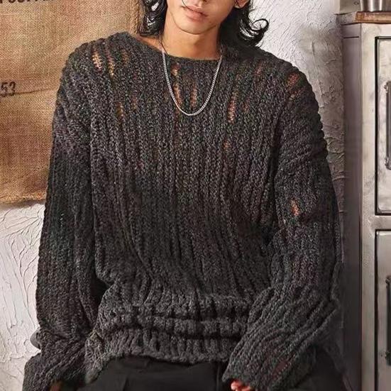 Men Sweater Round Neck Long Sleeve Hollow Out Sexy Perspective Pullover Tops Solid Color Knitting Tops Casual Work Street Wear
