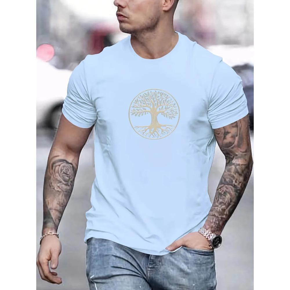 Men's Summer 100% Pure Cotton Fashionable Casual Sports Wide Pine Pattern Printed Sports Round Neck Short Sleeved T-shirt Top