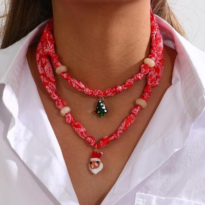 European & American Christmas Natural Stone Glass Santa Claus Tree Pendant Scarf Necklace for Women