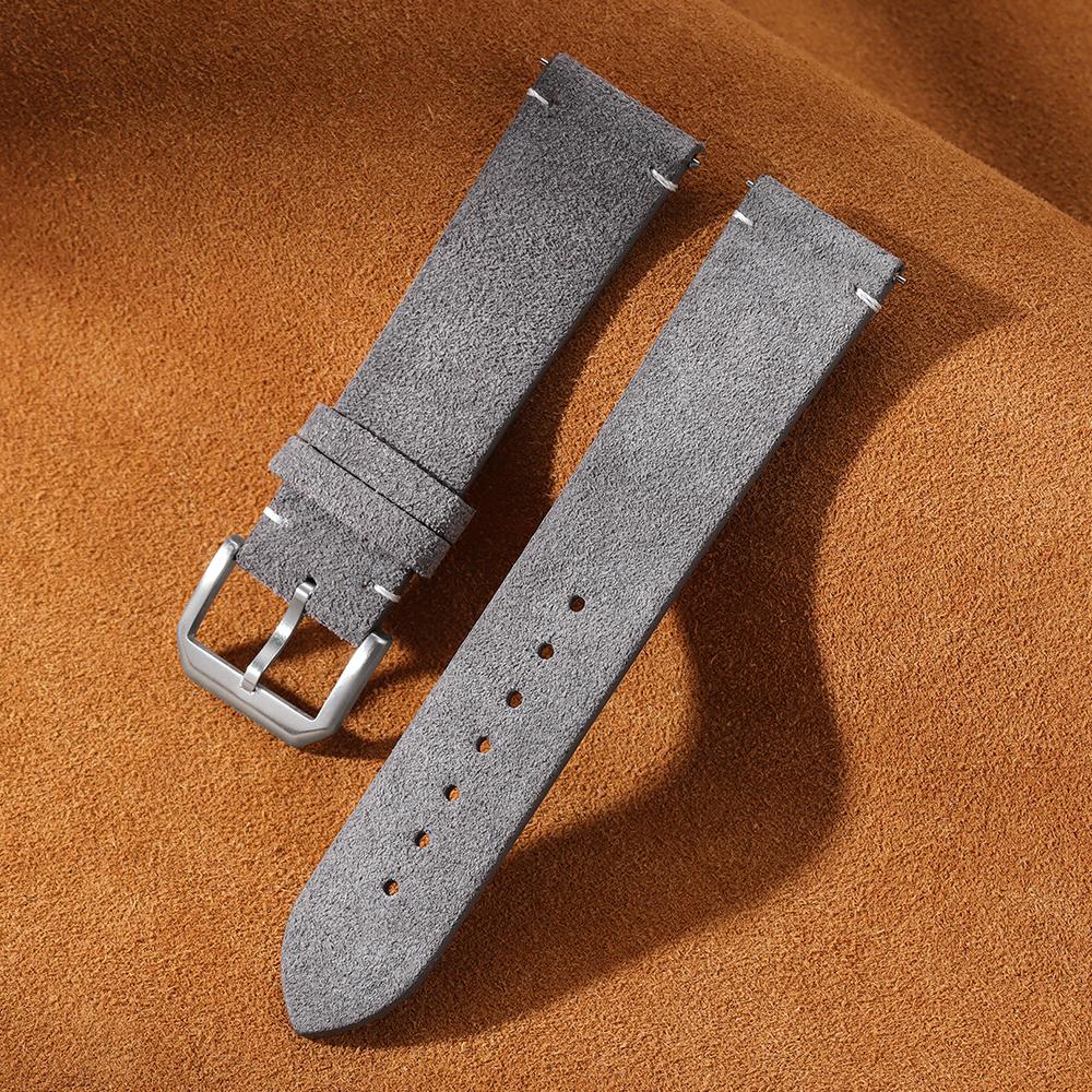 Suede Leather Watch Strap 20 22mm for Samsung Watch6/5/4 Soft Calfskin Bracelet Quick Release Band Handmade Stitching Wristband
