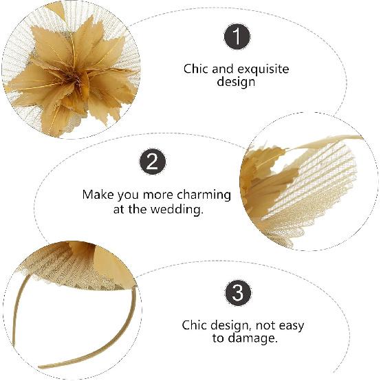 Hemobllo Voile en Maille de Mariée Hauts Chapeau avec Plume, Headpiece en Maille Dorée pour Femmes Mariage Fête du Thé, Accessoire pour Occasion Spéciale