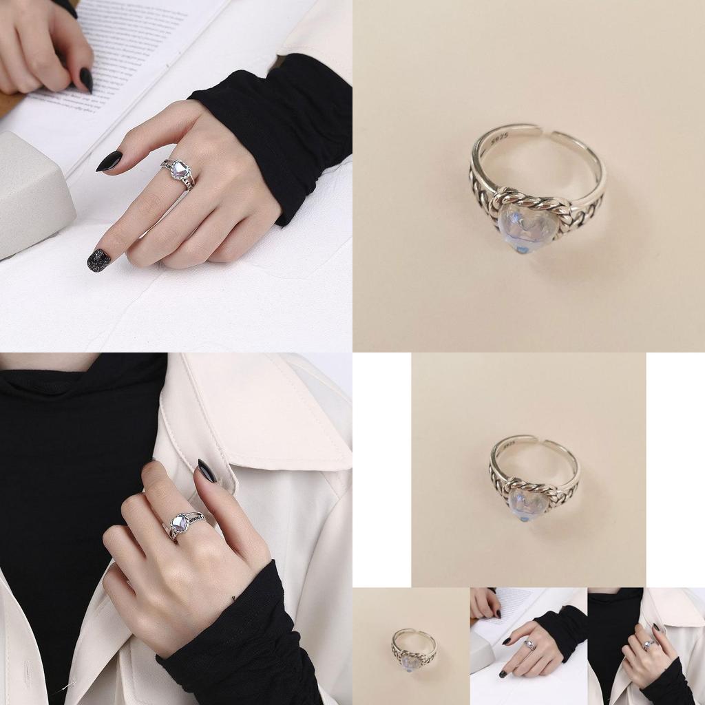 Exquisiter S925 Silber Koreanischer Herz Mondstein Gewebter Ring Für Stilvolle Junge Frauen