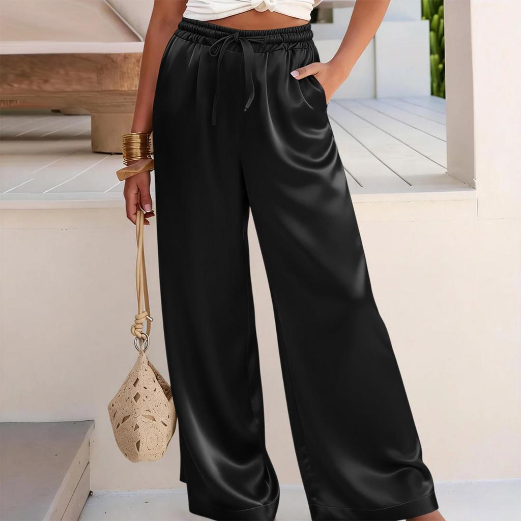 Women’s Wide Leg Satin Pants High Waist Drawstring Loose Fit Lightweight Trousers for Casual and Lounge Wear