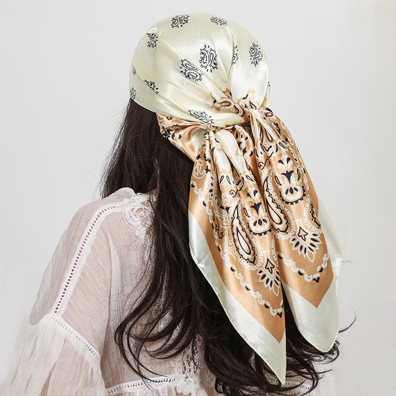 90cm Square Silk Scarves Women Hijab Shawls Paisley Cashew Flower Print Kerchief Femme Head Scarf Foulard Bandana Beach Pareo