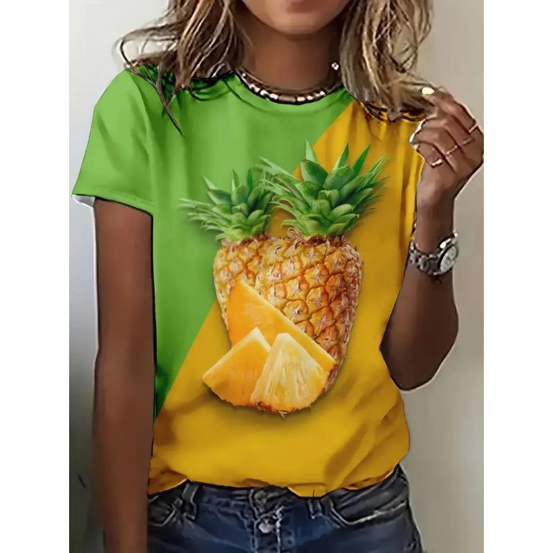 Summer Round Neck Fruit Juice Beverage Printed Top Fashionable Casual Short Sleeved Women's T-shirts