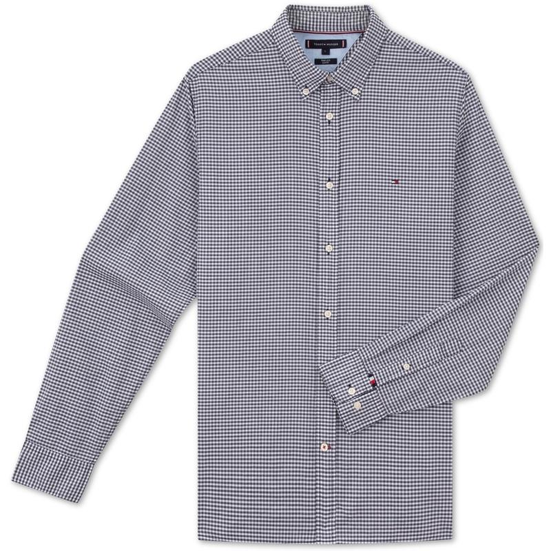 Tommy Hilfiger Klassiek Katoen Kleine Ruit Zakelijk Forens Formeel Casual Slim Fit Lange Mouwen Shirt Heren shirts Blauw MW0MW33764 L gray