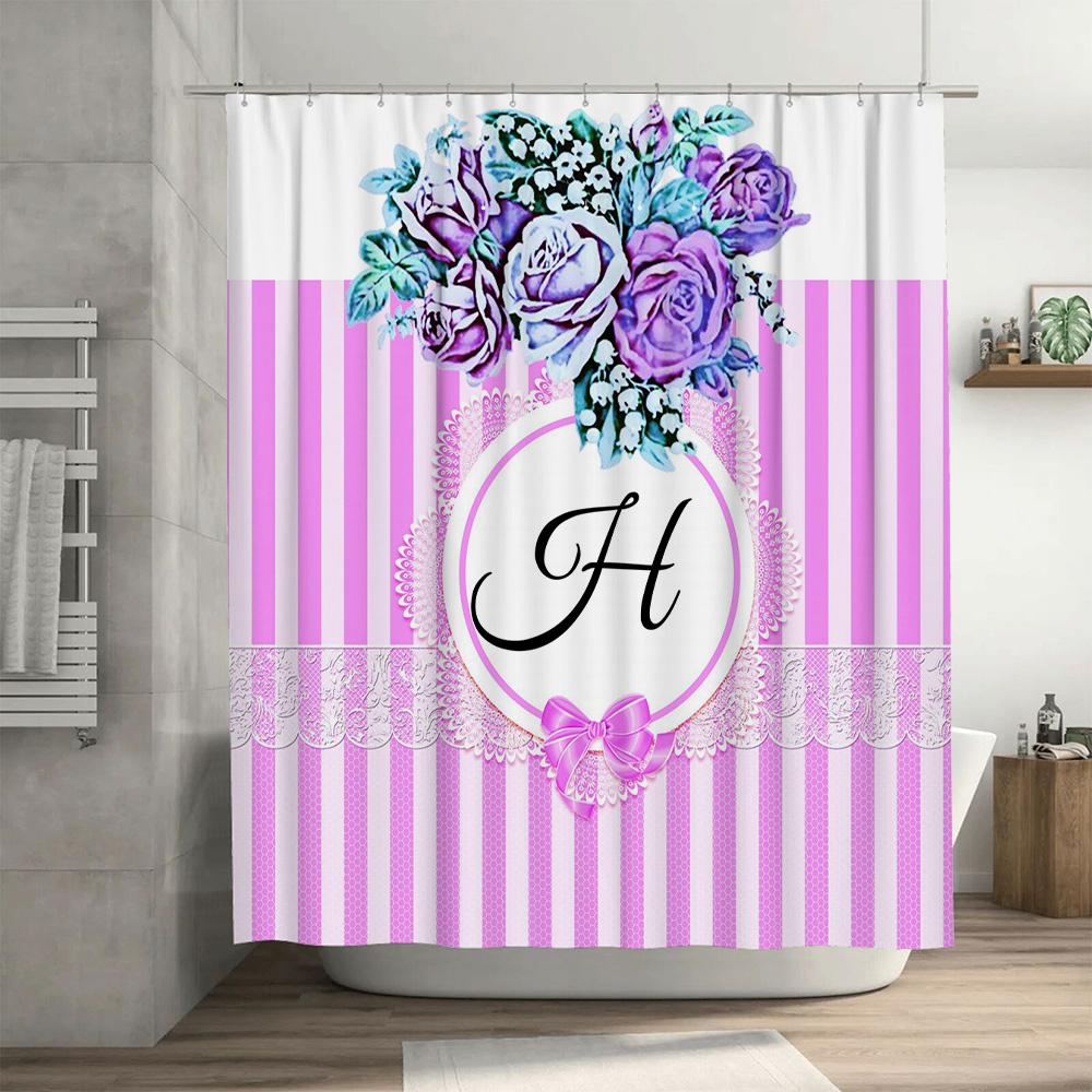 Vintage Floral Design Pink Striped Shower Curtain With Letter H For Bathroom Decor Customizable Size Available