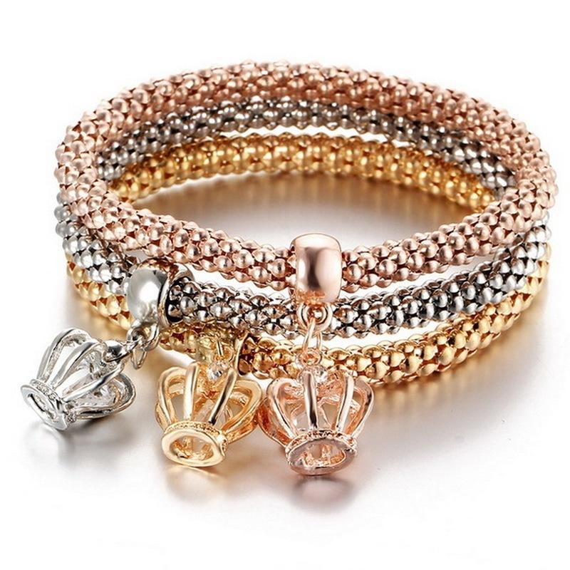 3 Pcs/Set Crystal Owl Crown Charm Bracelets&Bangles 3 Color Rose Gold Color Elephant Anchor Pendants