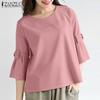 ZANZEA Women Casual Round Neck Solid Color Loose 3/4 Sleeve Blouse