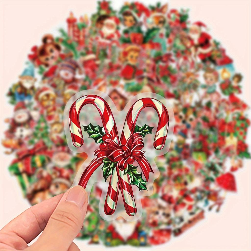 50pcs Retro Christmas Vinyl Stickers, Reusable for Laptops, Water Bottles, Suitcases, Helmets, Motorcycles,Guitars,Holiday Gifts