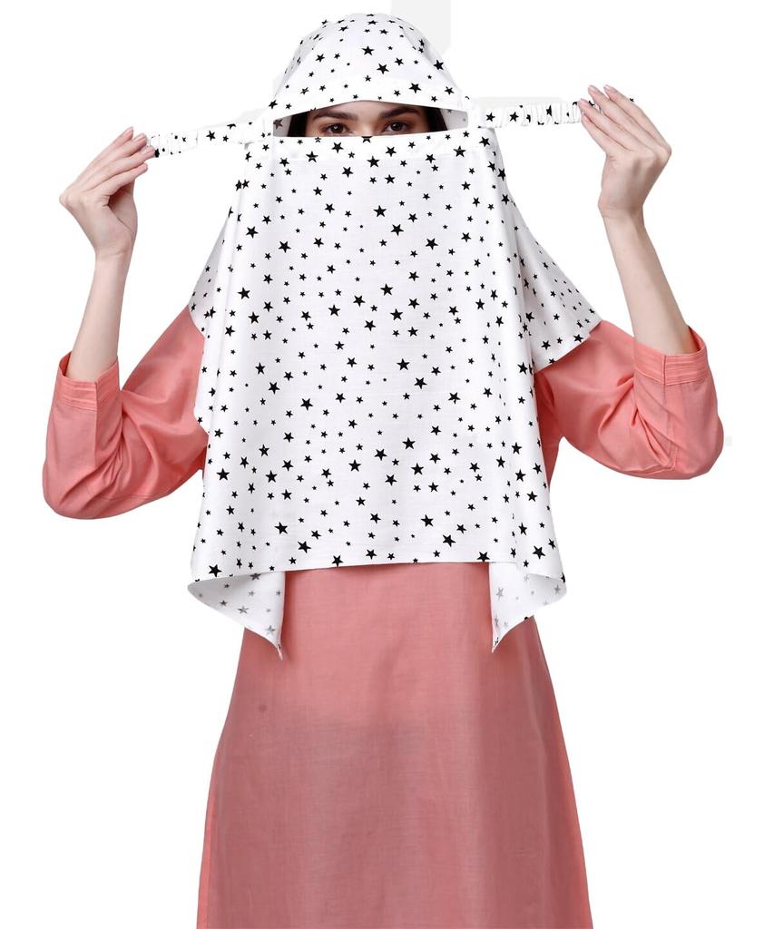 PRACHARAN Cotton Innovative Stylish Printed Fancy White Scarf With Sun Protection Face Cover For Women's And Girls While Driving (Black Star)