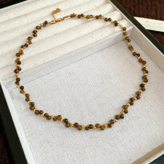 Maillard Tiger Eye Bead Round Pendant Necklace - Retro Casual Style Sweater Chain, Simple and Versatile.