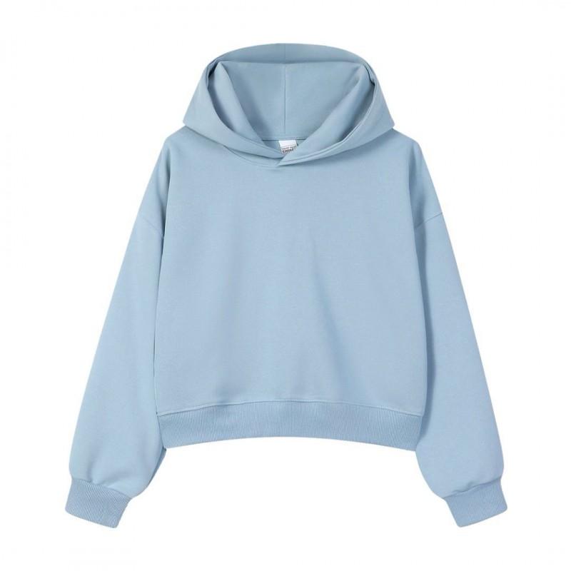 Korean Style Womens Short Hooded Zip-Up Cotton Blend Sweatshirt Loose Fit Winter Casual Top