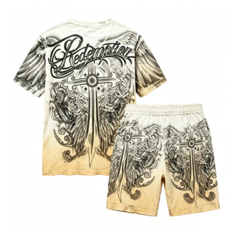Sommer Gotischer Stil Kreuzschwert Aufdruck Rundhals Kurzarm T-Shirt und Shorts Set Herren und Damen T-Shirt Shorts Set
